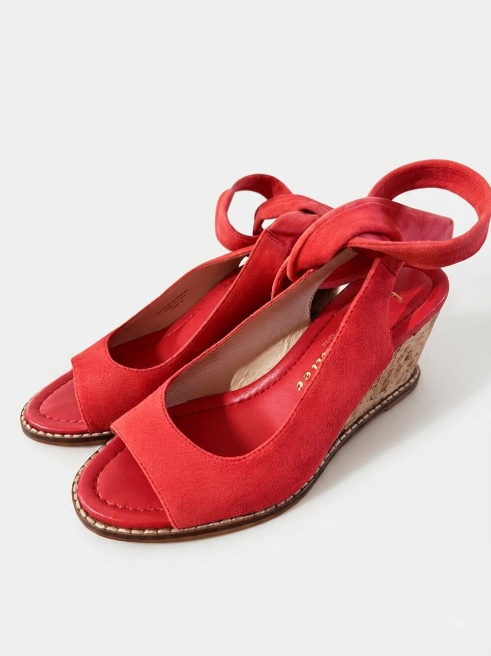 Bettye Muller Coral Red Suede Cork Wedge Sandals Womens Size 6M Ankle Tie Chic